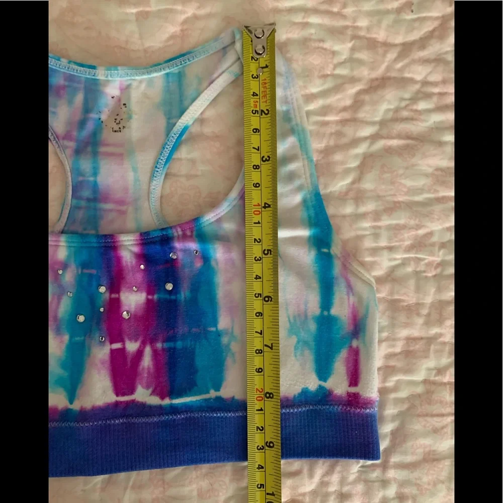 Justice Sports Bra Girls Blue Purple White Tie Dye Racer Back Rhinestone